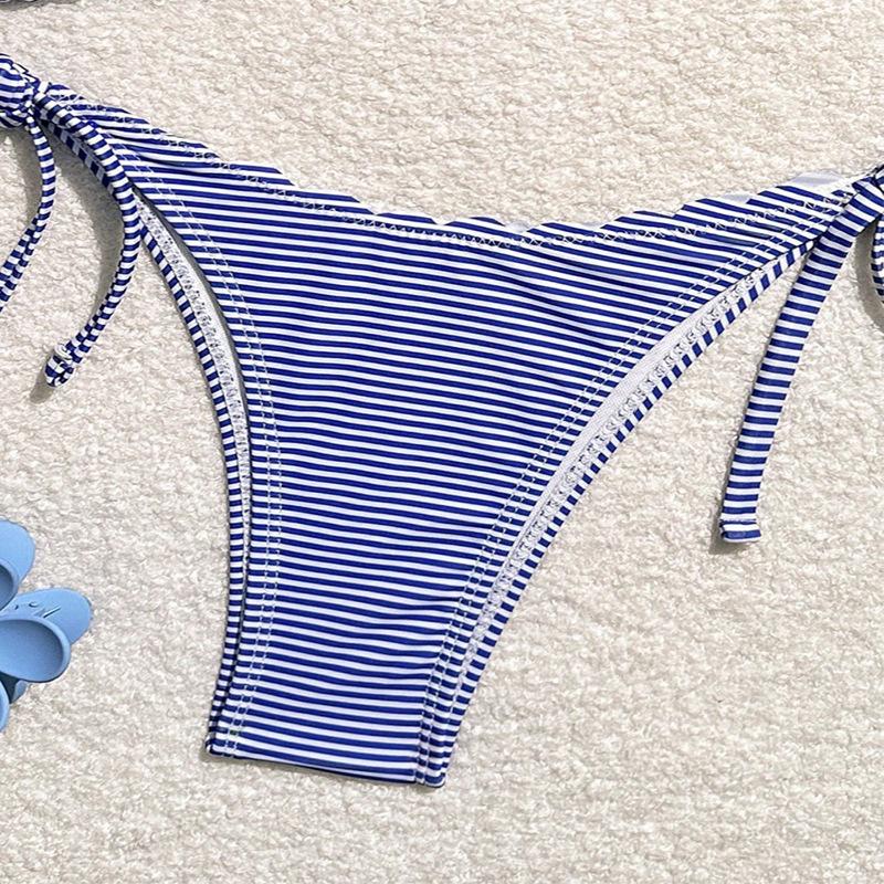 Women's Blue Stripe Print Two Piece Swimsuit Sexy Mini Triangle Cup Bra Halter Backless Bikini Set 2025 Summer Beach Swimwear