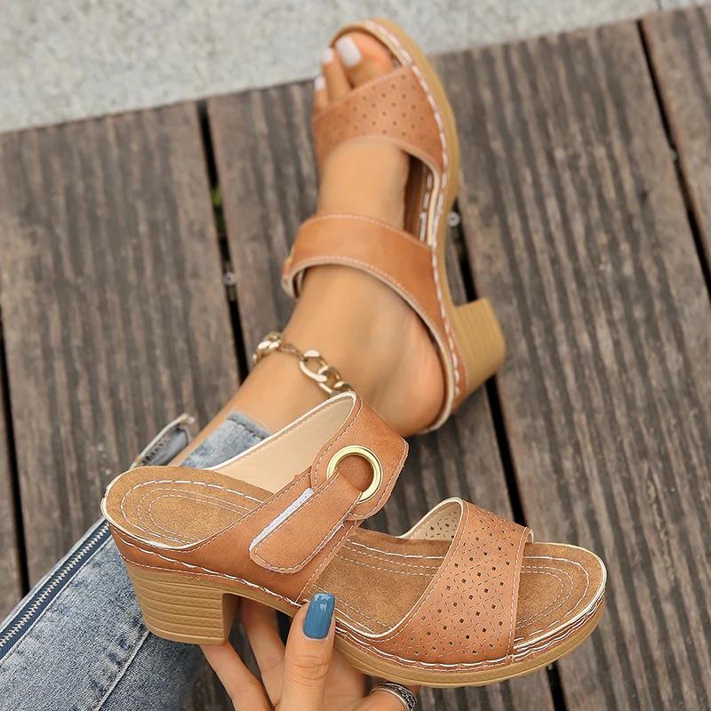 Fashion Hook Loop Thick High Heel Sandals Women Hollow Out Summer Beach Sandles Woman Plus Size Anti-Slip Platform Sandalias De Mujer