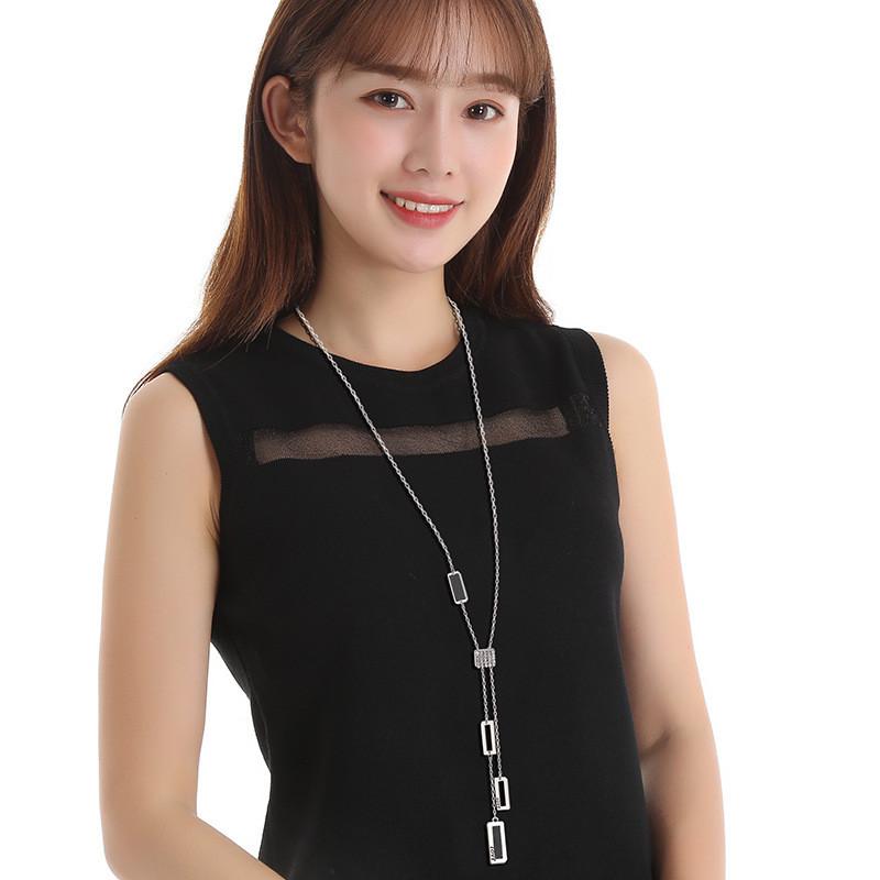 Long Chic Titanium Steel Chain Necklace For Women Featuring Dazzling Geometric Pendant And Stylish Design