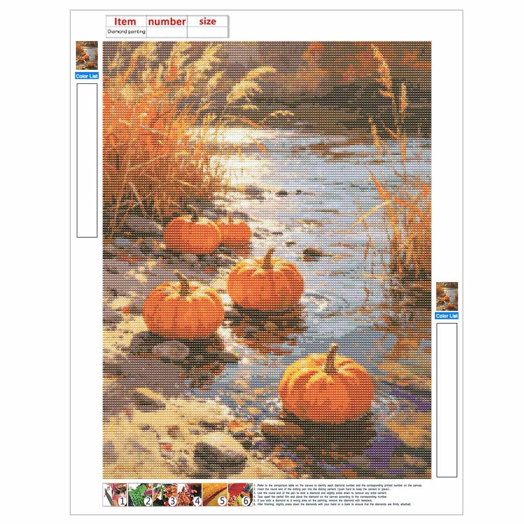 5D Diamond Painting Kit Pumpkins On Riverbank Full Drill Canvas Art DIY Rhinestone Craft for Modern Wall Decor