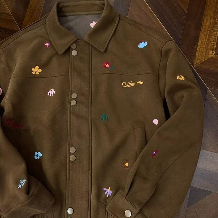 

Men s Retro Embroidered Loose-Fit Sweatshirt Jacket for Spring & Autumn L коричневий