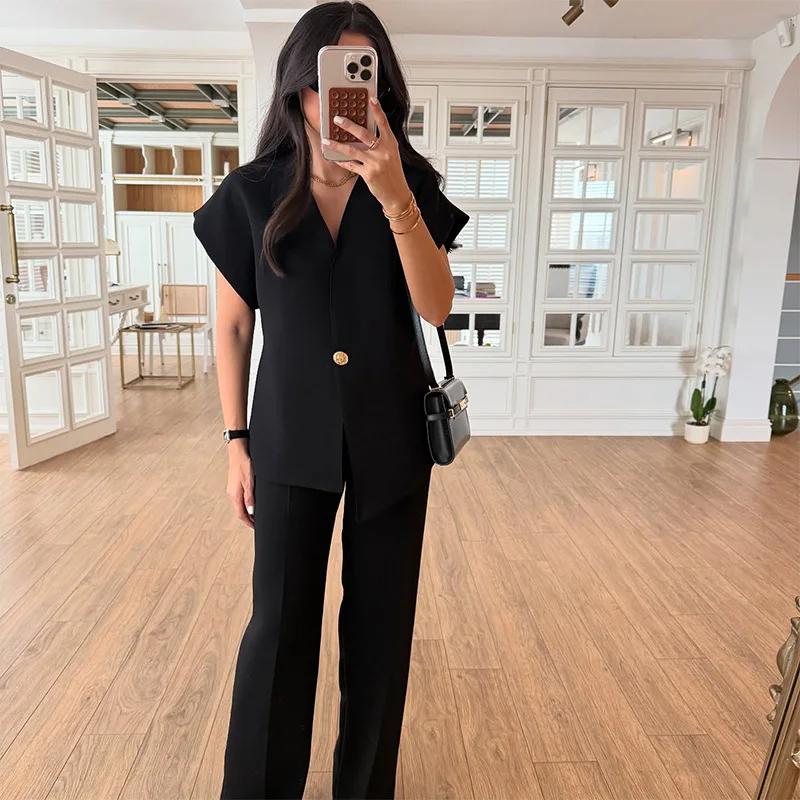 Casual 2 Piece Pants Sets Women Solid One Button Blazer Zippers High Waist Pleat Wide Trousers 2025 Spring Summer Lady Outfits