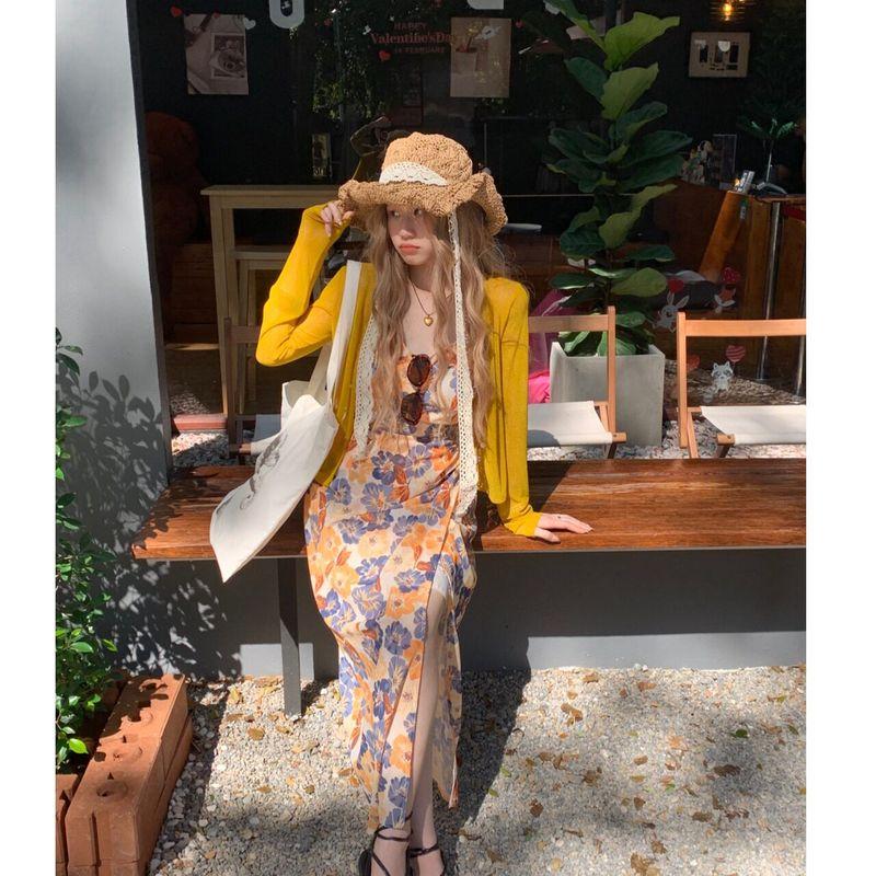 

Plus size Chubby Girl French style Immortal Print Sling Dress Women Spring New Slimming Yellow Sun Protection Top Outerwear 3656 Yellow Mesh Jacket L