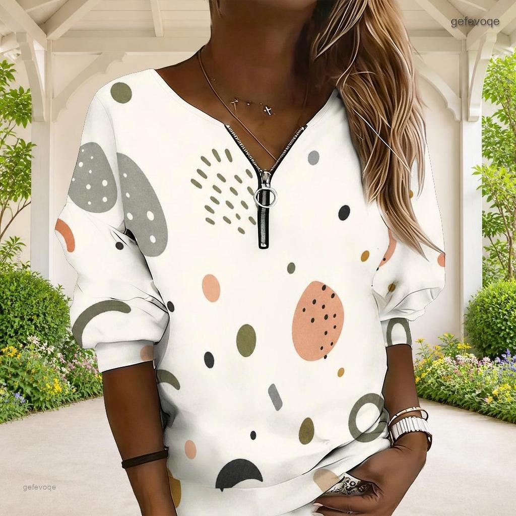 Women Plus Size Beige Brown Geometric Printed V Neck Half Zip Long Sleeve Sweatshirt