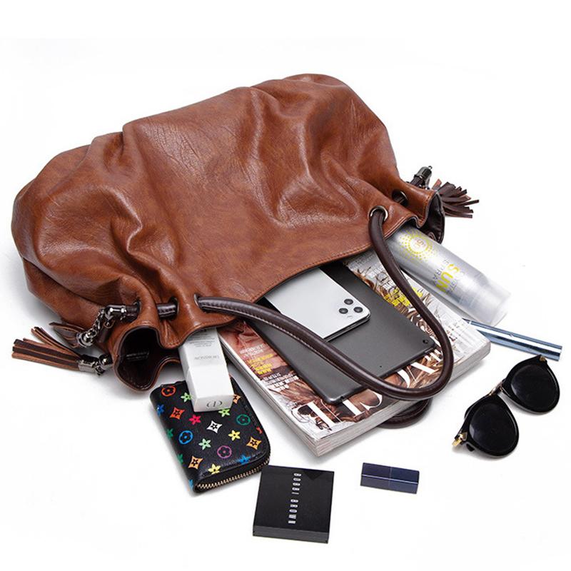 2021 Vintage Fashion High Capacity Tote Handbag Soft Leather Female Bag Casual Pleated Shoulder Bag Tassel Design Bag for Women