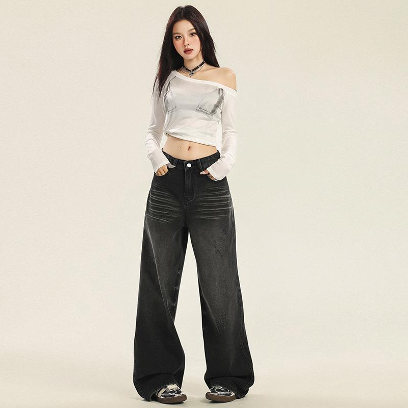 Women's High-Waist Black & Gray Wide-Leg Jeans - Autumn 2024