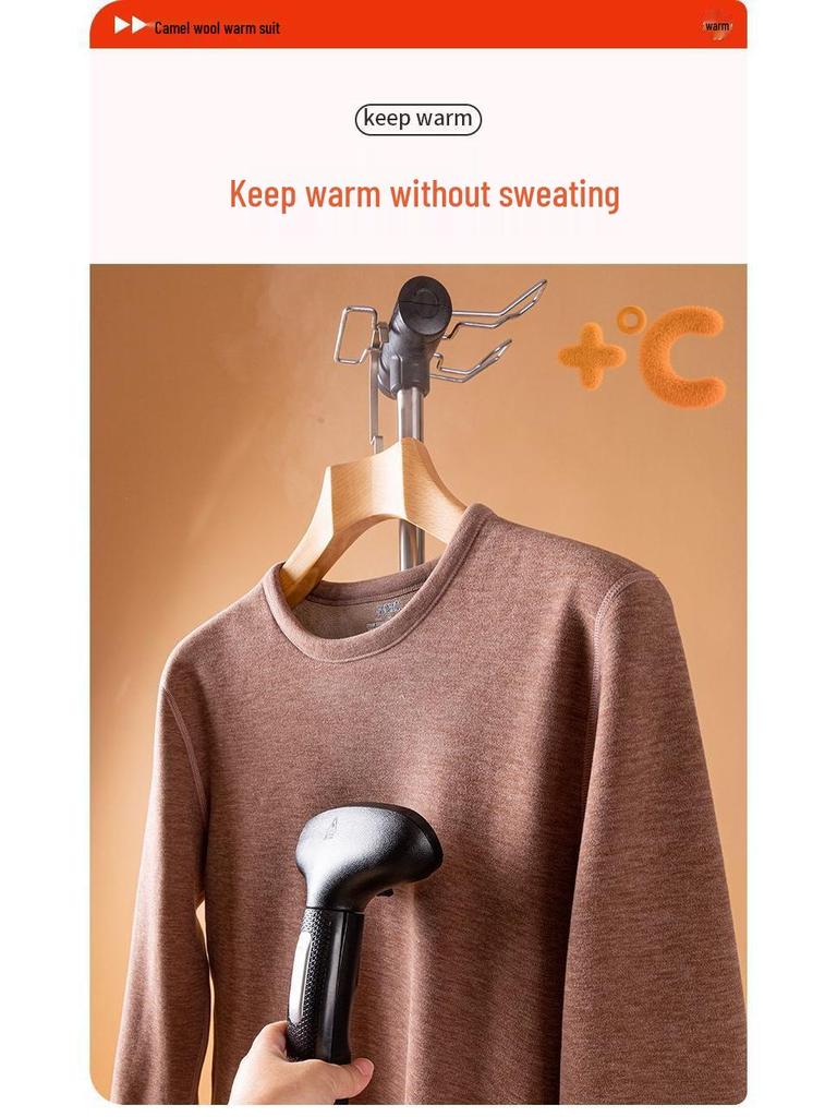 Men's Winter Warm Fleece-Lined Camel Wool Underwear Set - Crew Neck, Quick Heating, for Middle-Aged and Elderly