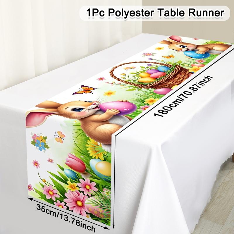 Vintage Easter Bunny Table Runner Polyester Rabbit Eggs Flower Table Flag Easter Decorations For Home Kitchen Dining Table Decor