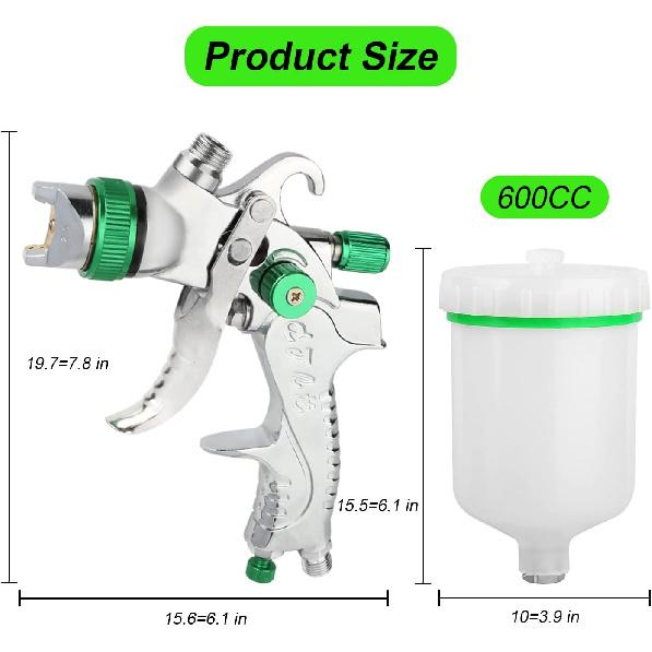 Hvlp Spray Gun, Air Spray Gun Paint Sprayer Gun with 1.4/1.7/2.0/2.5mm Nozzles, 600ml Capacity Great for Walls, Automotive, Home Improvement (Green)