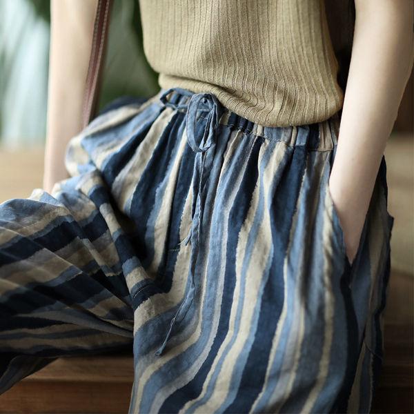 Women's Loose Casual Stripe Pants Thin Cotton Linen Harlan Summer Vintage Trousers