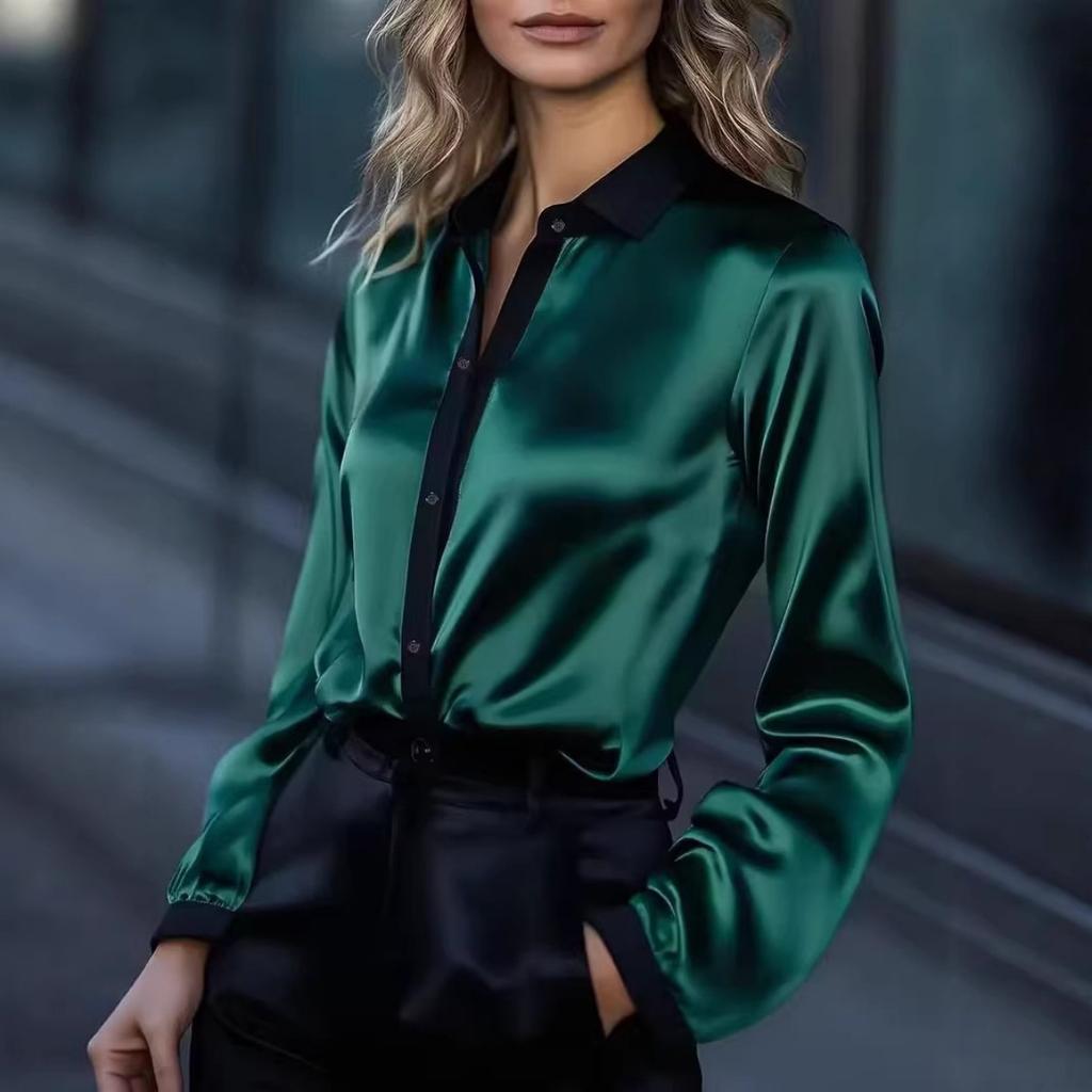 Spring Women's Colorblock Satin Long Sleeve Shirt Commuter Elegant Blouse For Crossborder