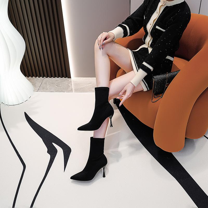 Pointed elastic boots women's 2025 new autumn and winter short boots suede fine heel design temperament socks boots high heel