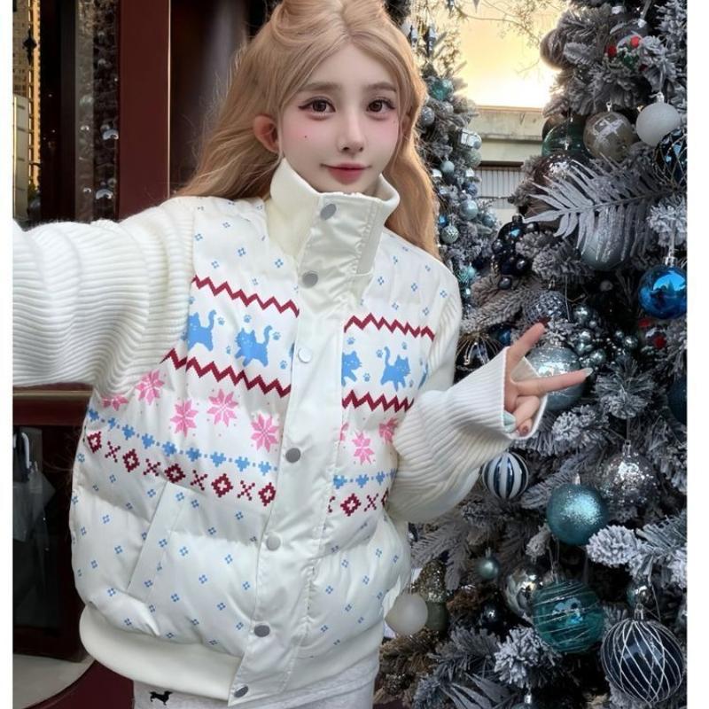 Women Korean Thick Warm Winter Cotton Coat Off-Season Fair Isle Knit Splice Stand Collar Loose Outerwear