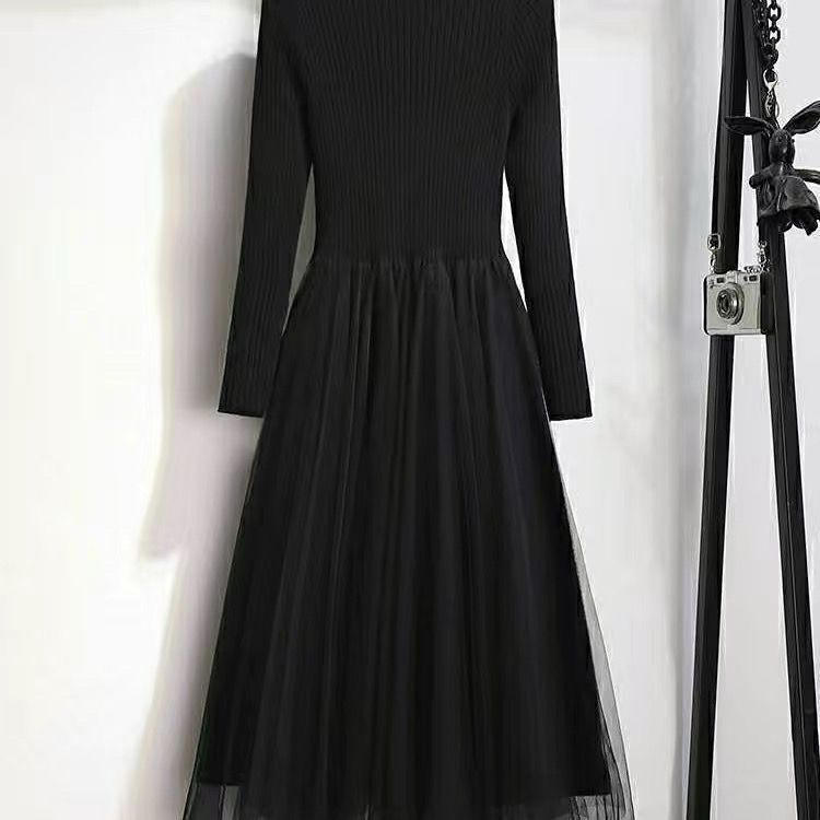 Strikket kjole Dame Vinter Slim Genserkjole Ensfarget Sexy Halvhøy hals Pullover