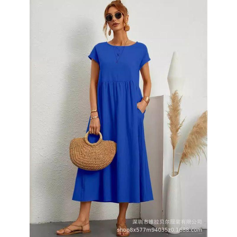 Short-Sleeve Pocket Women's Dress Short Sleeve Loose Pockets round Neck Pleating Dress