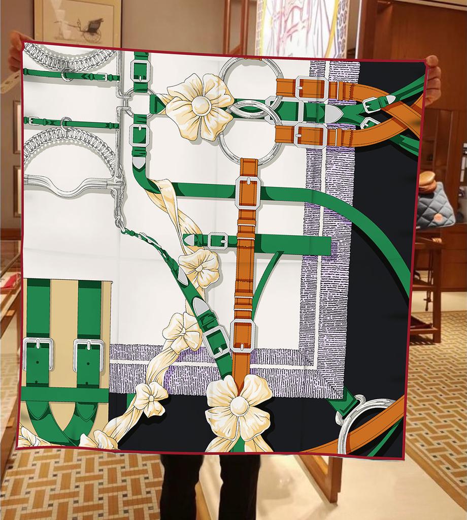 90cm Twill Silk Scarf Shawl Luxury Brand Flower Belt Print Square Scarves Women Hijabs Bandana Silk Foulards Neckerchief