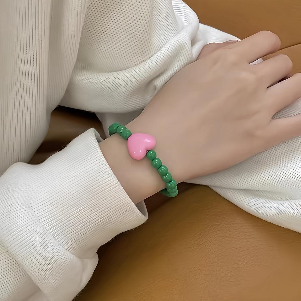 1pc Fashionable European American Style Colorful Bead Bracelet with Heart Charm, Simple and Gentle Daily Wear, Ideal for Shopping
