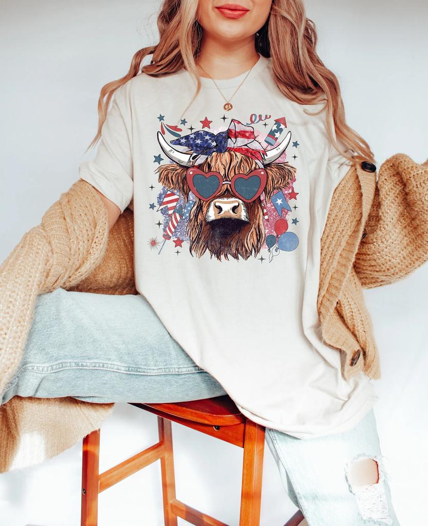 Highland Cow 4th Of July T Shirt Independence Day American Patriotic Lover Western