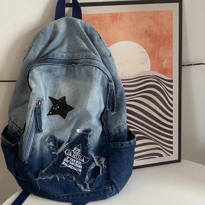 Y2K Koreansk Casual Jeansryggsäck Mode Stjärnmönster Stor Kapacitet Elev Skolväska Tonåringar Vintage Punk Resbokväska