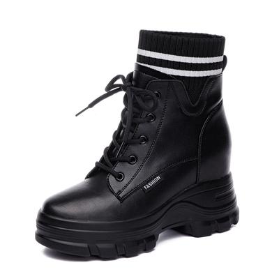 2024 Winterschuhe Damen Stiefeletten Echtes Leder Hohe Absätze Warmes Plüsch Damen Höhenerhöhend 9cm Schwarz Beige D192