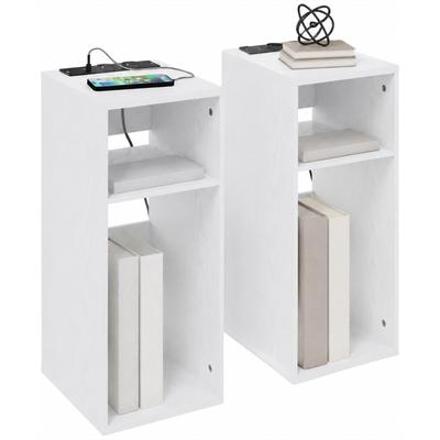 Set Of 2 Side Tables With Charging Station 2 Power Outlets 2 USB Ports And 2 Open Spaces White