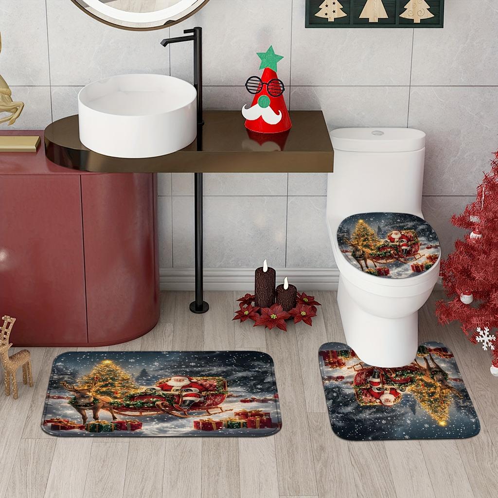 Christmas Winter Bath Curtain Set-Includes Bath Mat, Non-Slip Rug & U-Shaped Toilet Lid Cover,Festive Bathroom Decor For Holiday