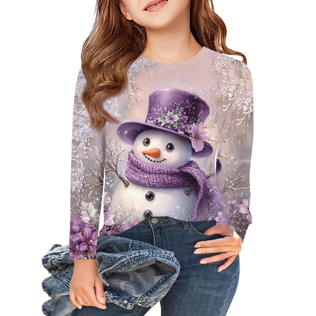 Christmas Day Girls Long Sleeve T Shirts Kids Fall Tops Crewneck Printed Basic Tees