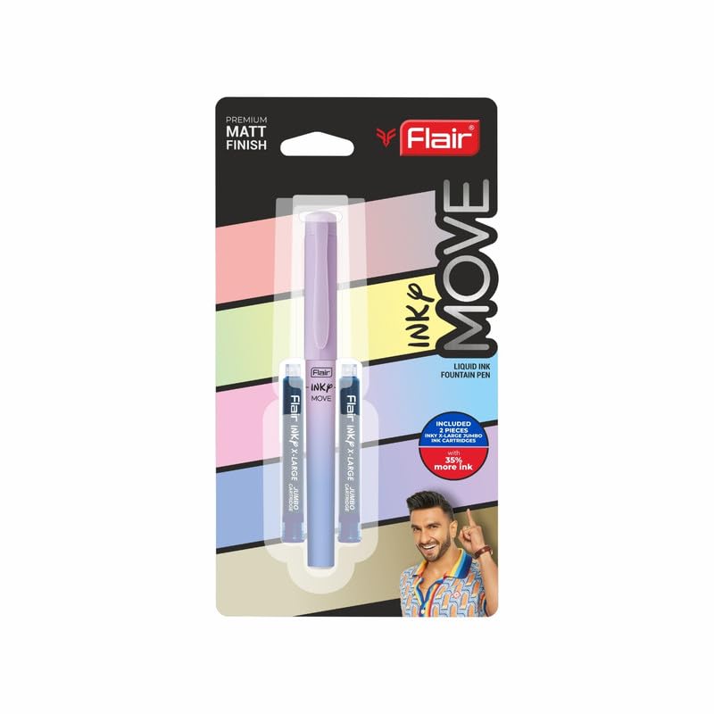 Flair Inky Move Fountain Pen Blister Pack Matte Pastel Body Colors Blue Ink Pack of 4 with Free 2 Jumbo Cartridges 114