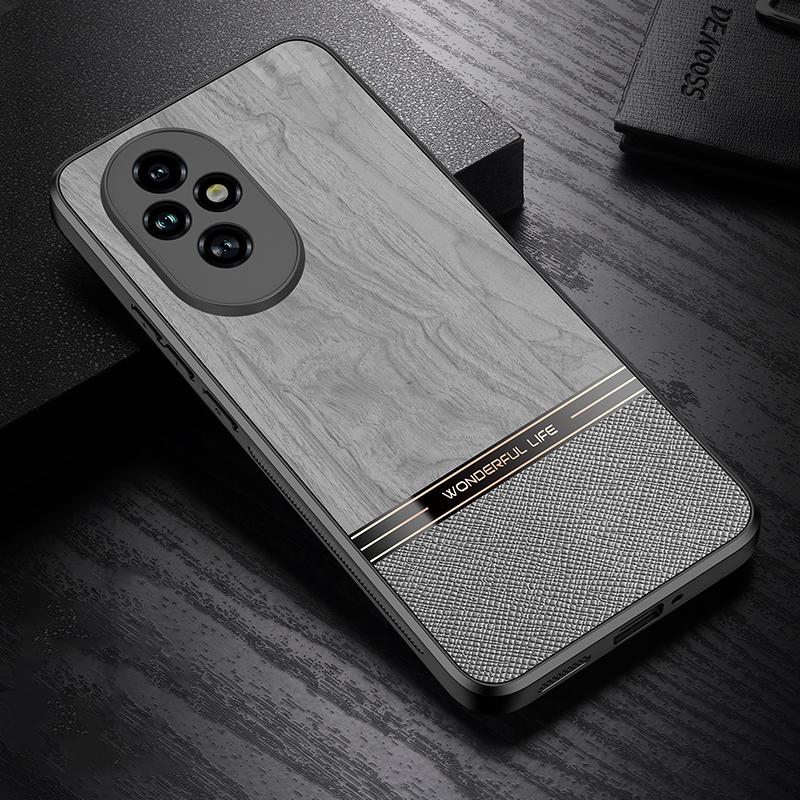 

For Honor 200 Pro 5G Case Wood Texture Leather Coated TPU Phone Protective Cover Grey
