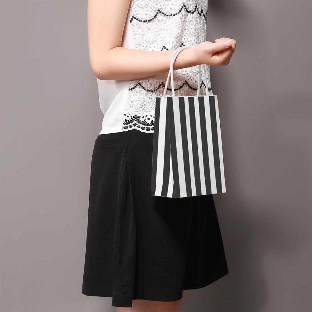 12Pcs Gift Bags Small 5.9x3.1x8 Inch Striped Paper Bags Black And White Gift Bags Black Bags For Gifts, Party, Birthday