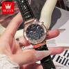 OLEVS 9978 Original Quarz Damenuhr Mode Lederarmband Luxus Diamantlünette Wasserdicht Leuchtend Chronograph Damenuhr