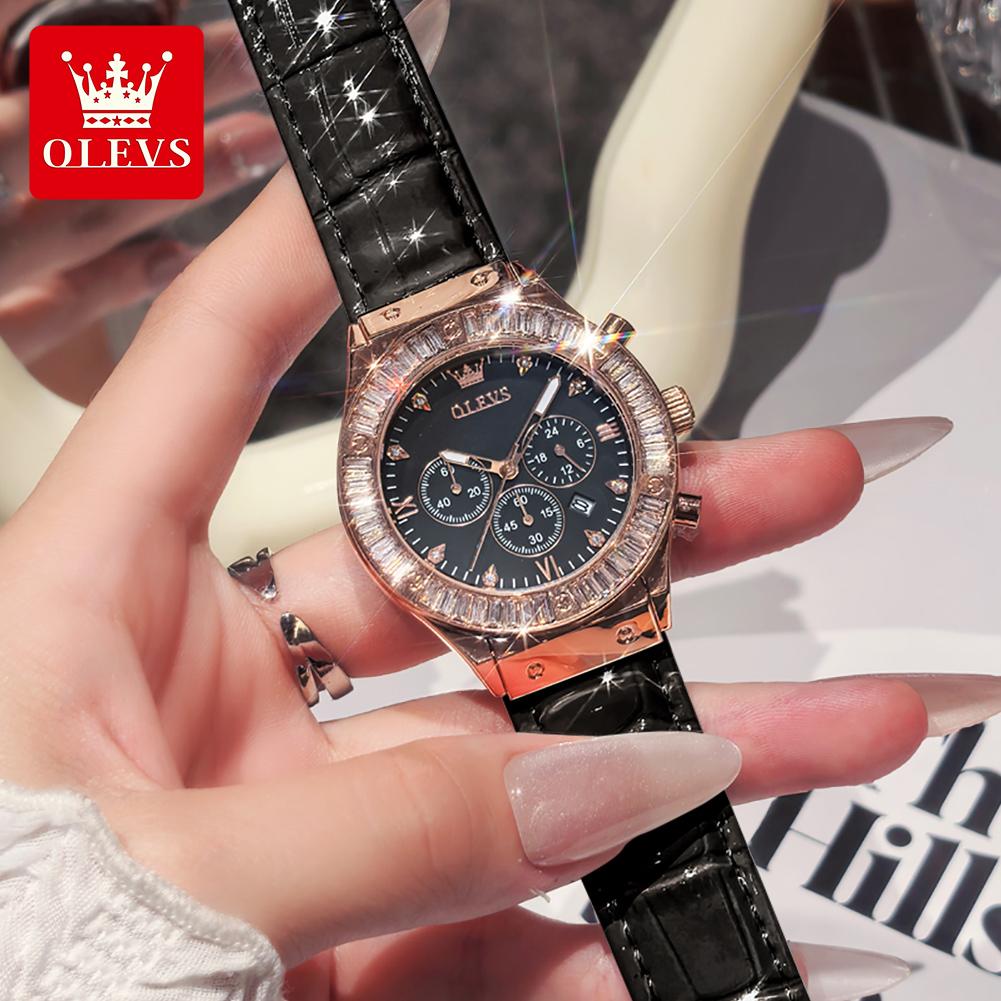 OLEVS 9978 Original Quarz Damenuhr Mode Lederarmband Luxus Diamantlünette Wasserdicht Leuchtend Chronograph Damenuhr