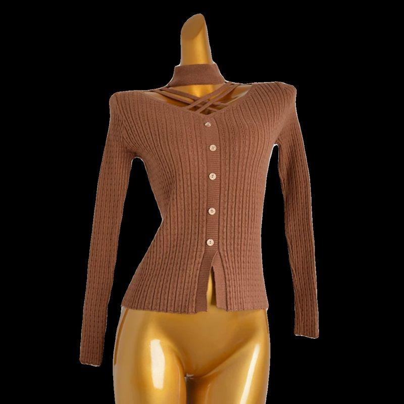 Fall and Winter New Fashion Sexy Halterneck Cross V-neck off-Shoulder Long Sleeves Bottoming Shirt Sweater Women's Long Sleeve Knitwear