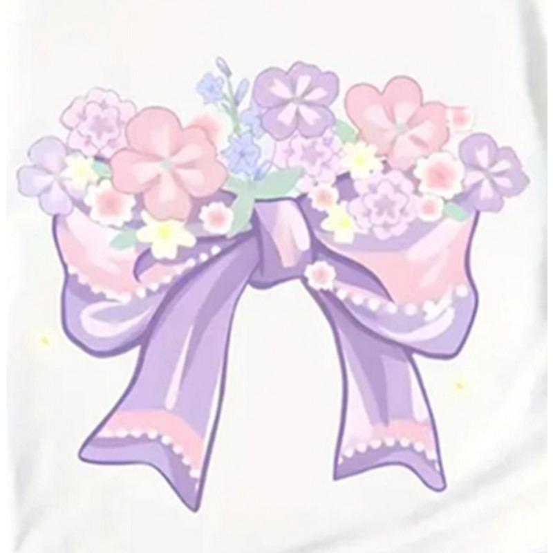 European Size Childrens Round-neck Short-sleeved T-shirt with Purple Bowknot and Floral Pattern Print