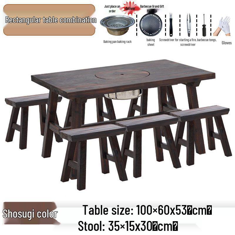 Outdoor Anti-corrosion Fire Pit Tea Table with Solid Wood and BBQ Function, Includes Indoor/Outdoor Chairs for Home Use