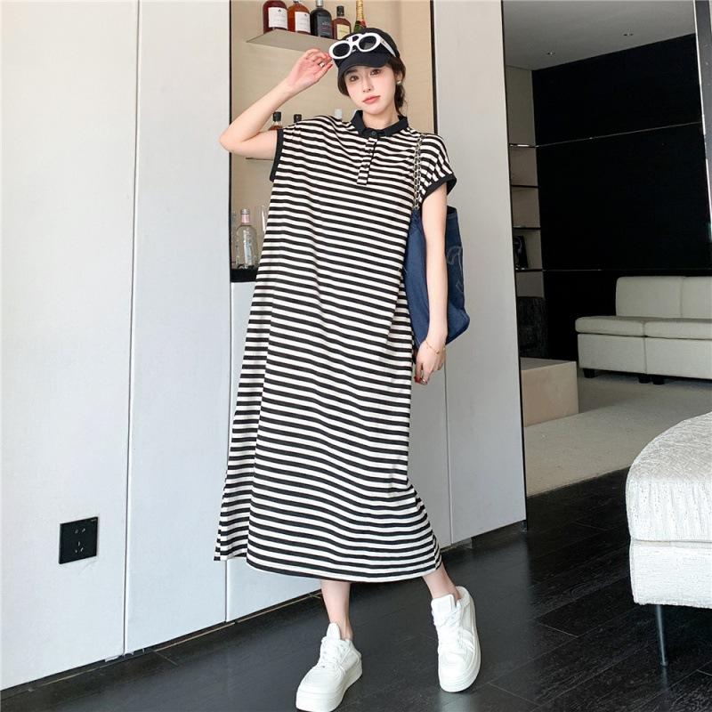 Sommer Damen Kleid Plus Größe Lockeres Temperament Lässig Kleines Revers Bedecktes Fleisch Gestreifte Kleider