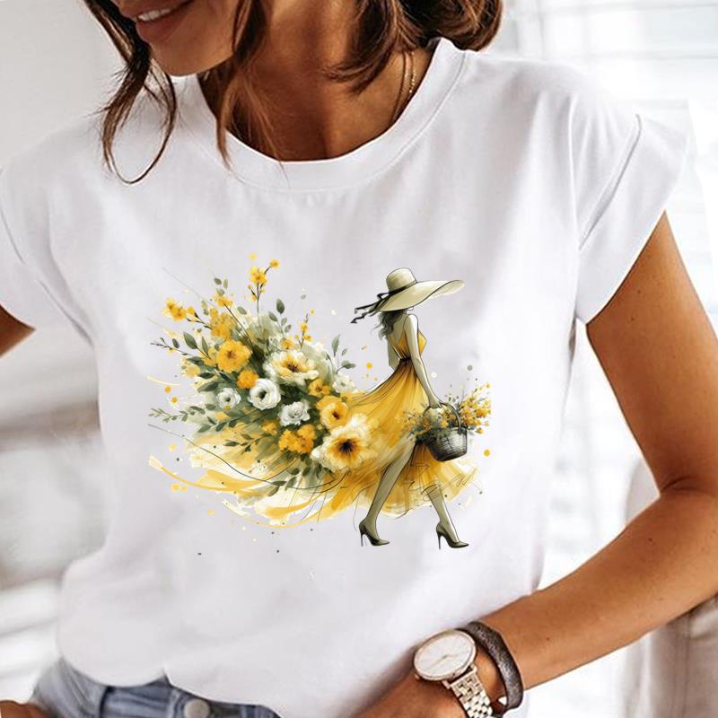 (Asian Size) Women Lady Female Top Printed Tee Summer Clothing Flower Sweet Trend Casual T Shirt Fashion Graphic Short Sleeve T-shirts
