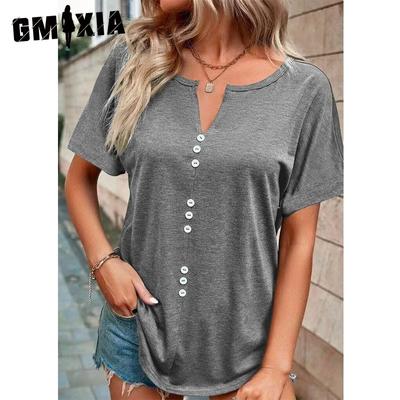 Kadın Modası Günlük Yaz Düz Renk Baskı Kısa Kollu V Yaka Bluzlar ve Gömlekler