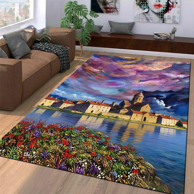 "Colorful Landscape Carpet with Village, Sky, and Floral Pattern" Suitable for use as an anti-slip for living room bedroom sofas