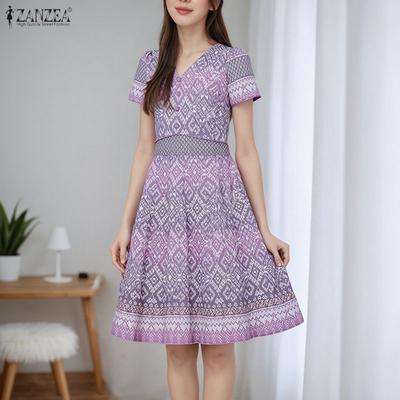 Women Casual V-Neck Summer Short Sleeve Print Dress