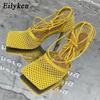 Fashion Eilyken Sexy Mesh Pumps Sandals Female Square Toe High Heel Lace Up Cross-tied Stiletto Hollow Dress Shoes Size 35-42