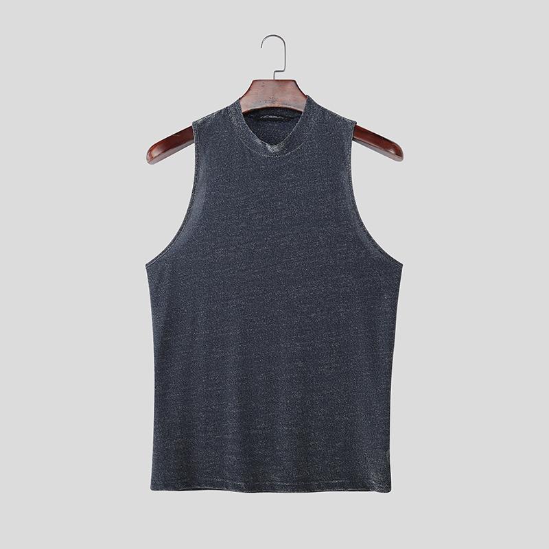 

INCERUN Summer Men Mockneck Sleeveless Shiny Casual Tank Tops Vest 3XL темно-синього кольору