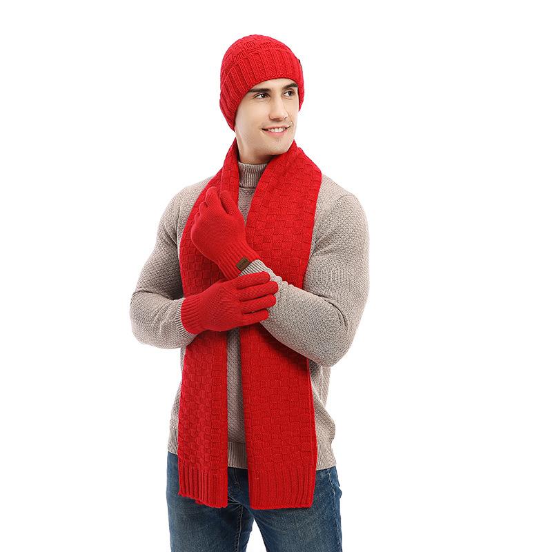 

New wool scarf thickened high-end winter warm plaid hat scarf gloves three-piece set червоний