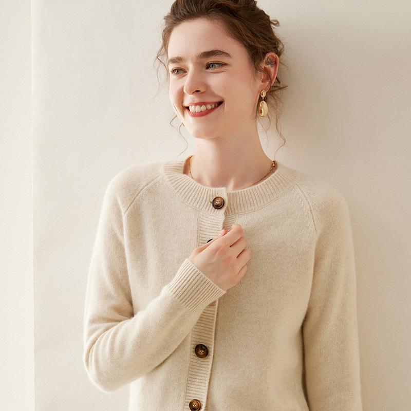 Women's Long Sleeve Korean Style Cashmere Cardigan - Thick Crew Neck, Loose Fit, Slimming Raglan Sweater