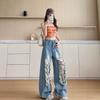 American ripped lace wide-leg jeans women's spring and summer new high-waisted loose personality trend straight pants