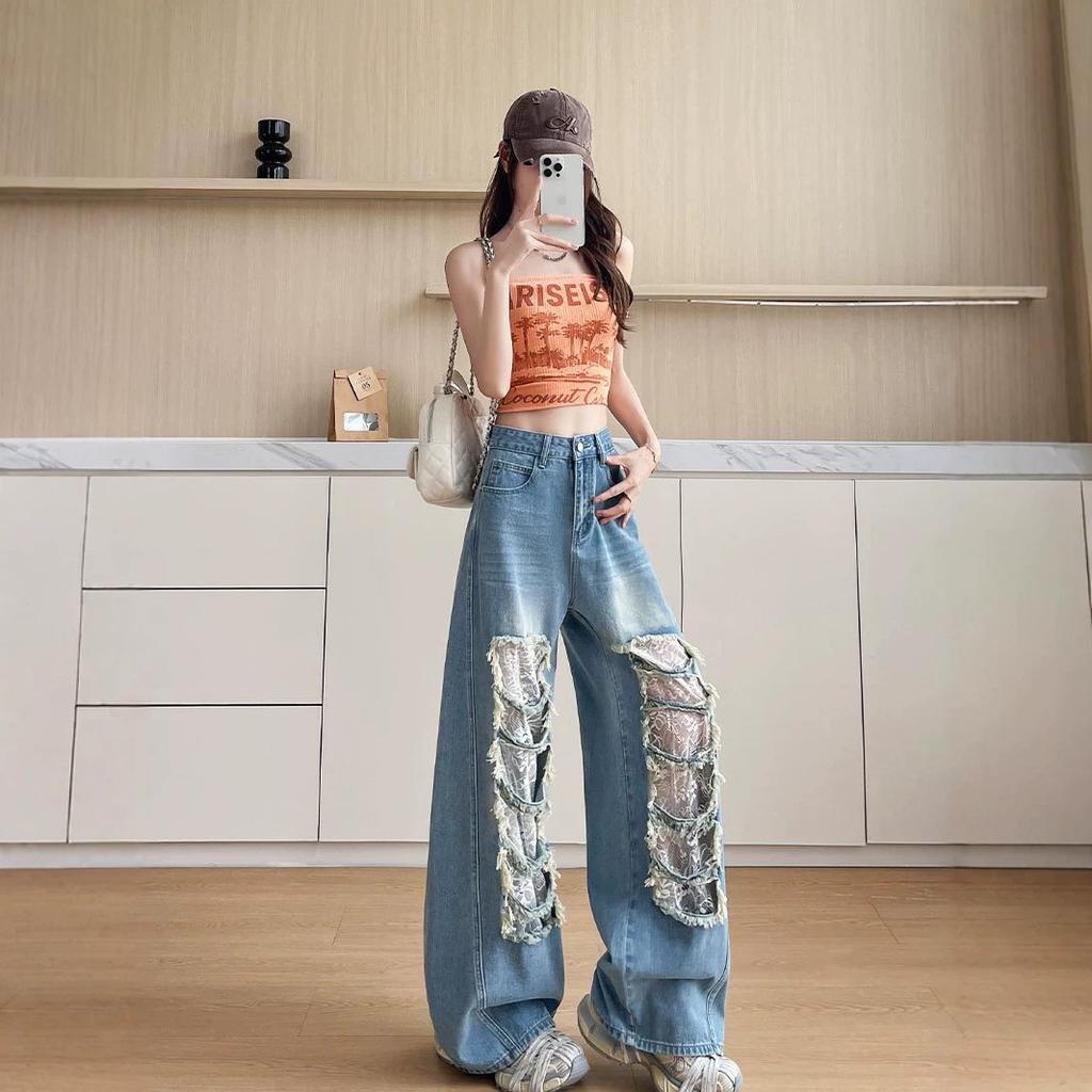 American ripped lace wide-leg jeans women's spring and summer new high-waisted loose personality trend straight pants