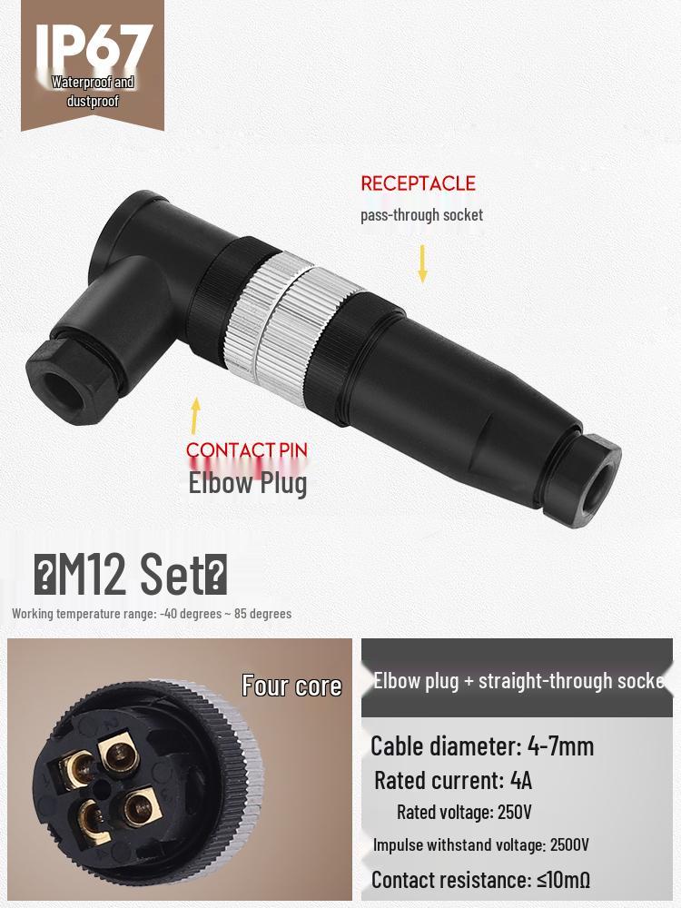 M12 Waterproof Sensor Connector: Male & Female Aviation Plug, 34-Pin, 5-Hole, 8P, Straight & Elbow, Three-Core Socket.