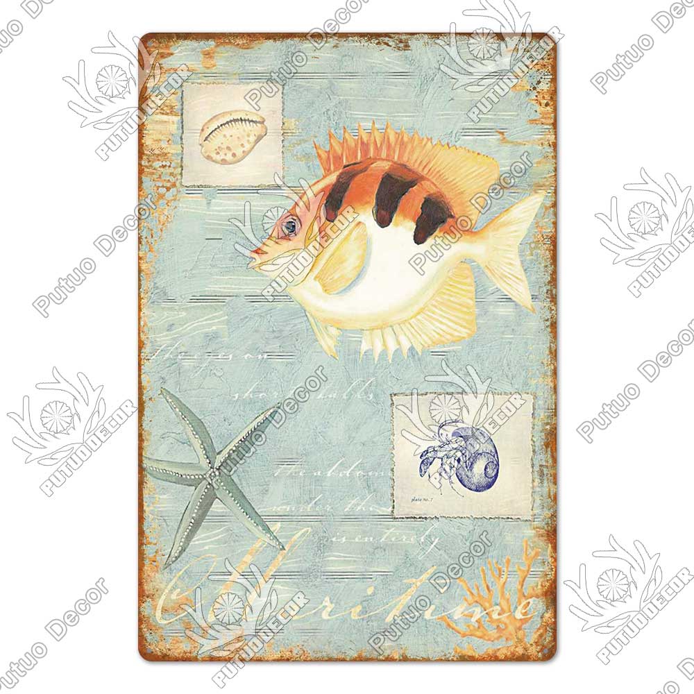 Decor Marine Animals Tin Sign Vintage Plaque Metal Wall Retro Posters for Beach Bar House Decorative Art Iron Painting