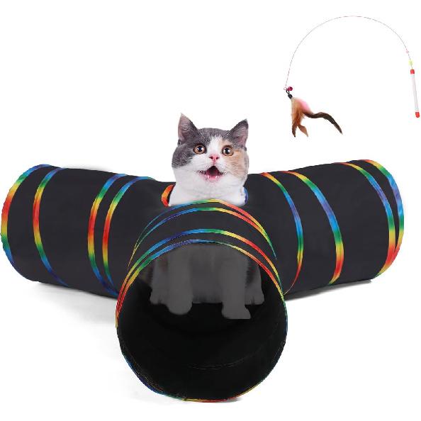 LUCKITTY Cat Tunnels Tube Toy with Plush Ball & Cat Wand Feather Toys-Portable Tattaff Waterproof Washable-Interesting Geometric Pattern