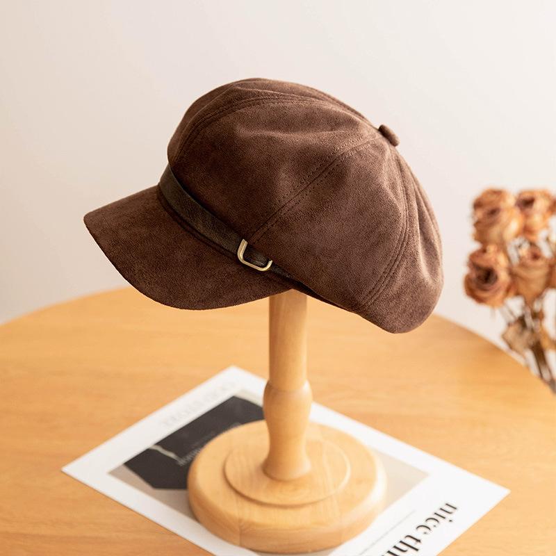 New Fashion Retro British Style Spring Autumn Suede Beret Women'S Versatile Octagonal Newsboy Cap For Big Head Circumference Hat